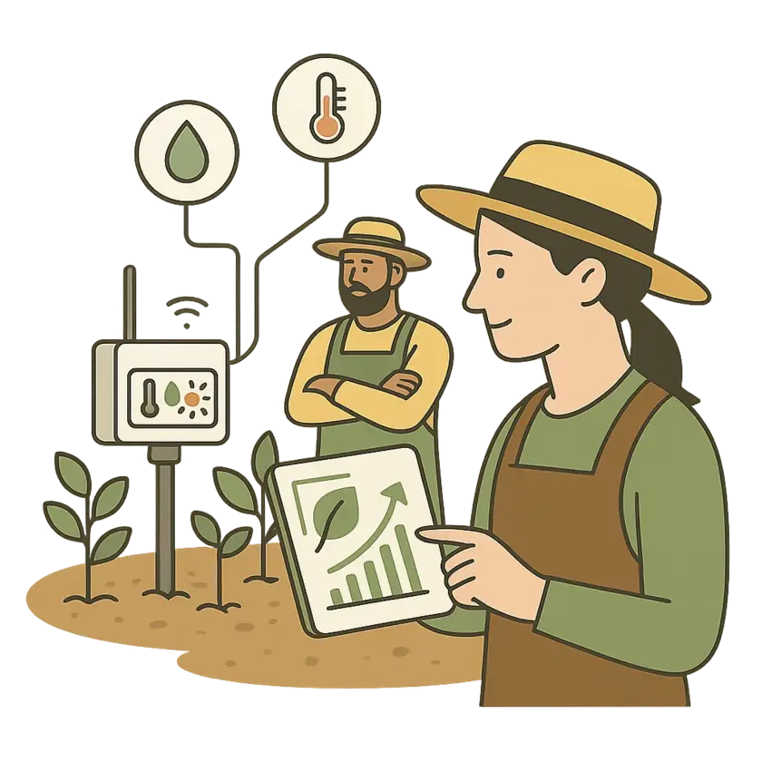 Ilustración de agricultura inteligente con sensores IoT monitoreando cultivos